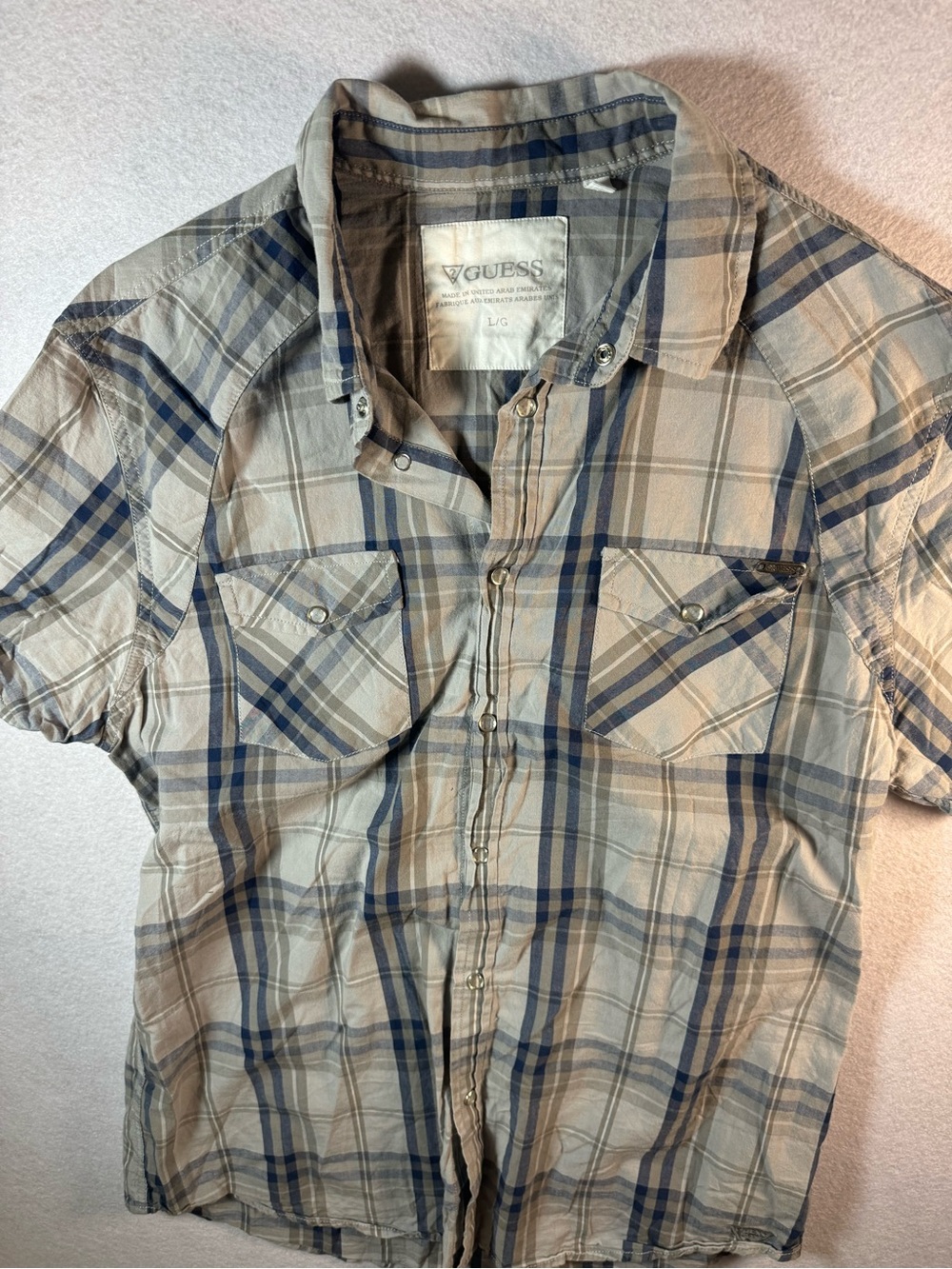 Guess Men's Beige and Blue Plaid Short-Sleeve Button-Down Shirt